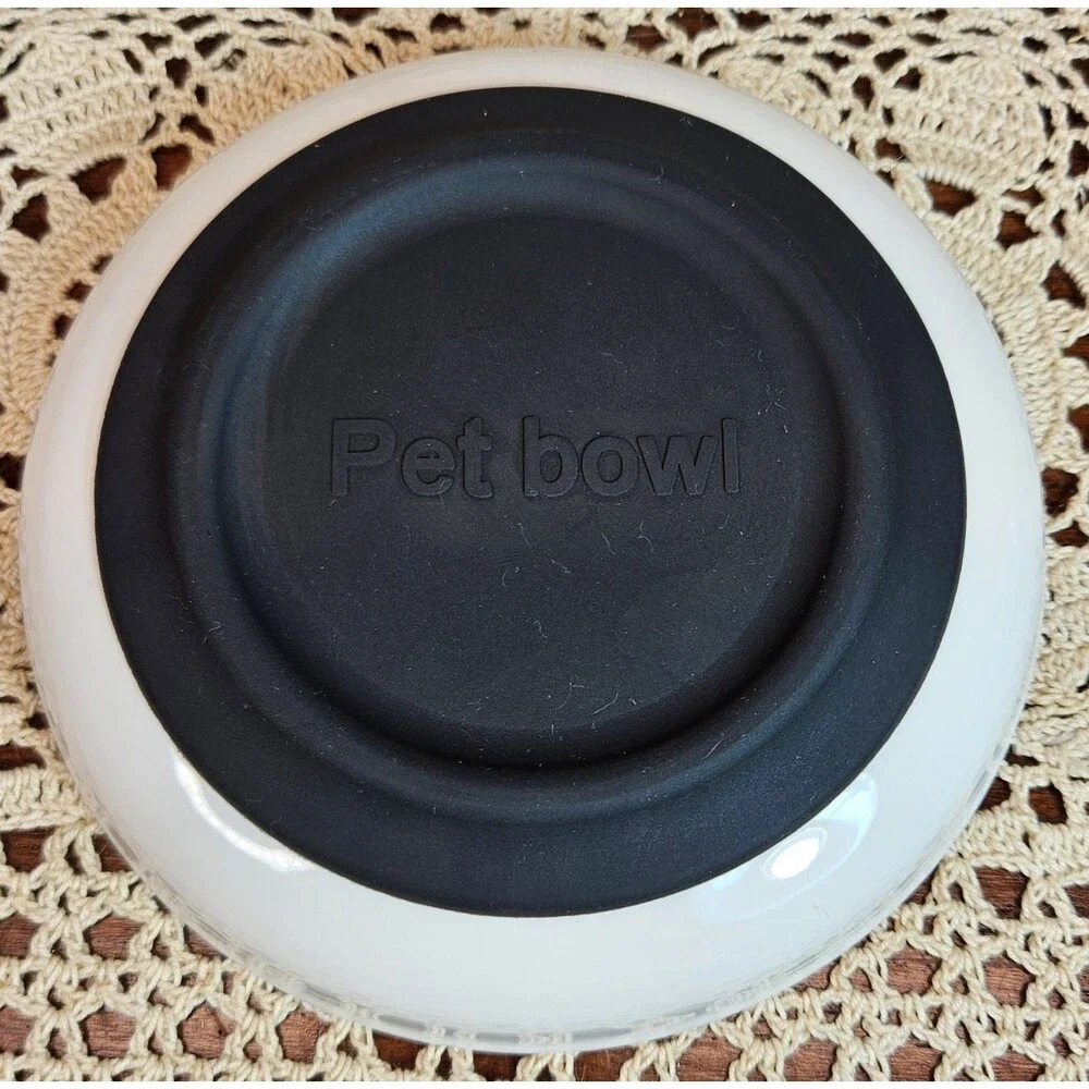 Boho Style Ceramic Cat Food Dish Bowl Plate w/ Slip-guard Peach & Grey (read)